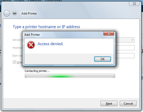 Access Denied adding TCP/IP printer in Vista and Windows Server 2003